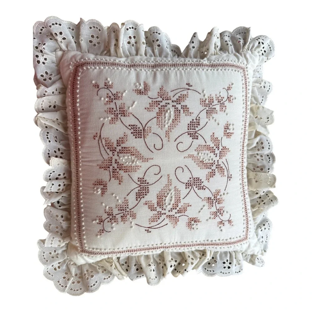 Vintage Handmade Redwork Cross Stitch Eyelet Lace Ruffle Pillow Cottagecore 15